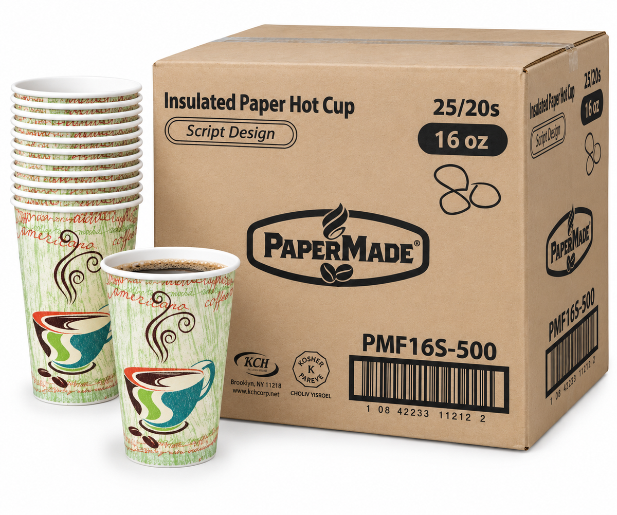 PaperMade Insulated Hot Cups - Script - 16 oz. - 500/case