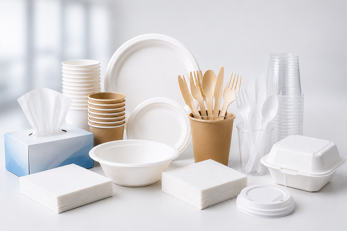 A collection of reusable and disposable paper tableware and utensils arranged on a light gray studio surface, including white plates, bowls, napkins, cups, a tissue box, clear plastic cutlery, brown paper cups, and a white food container.